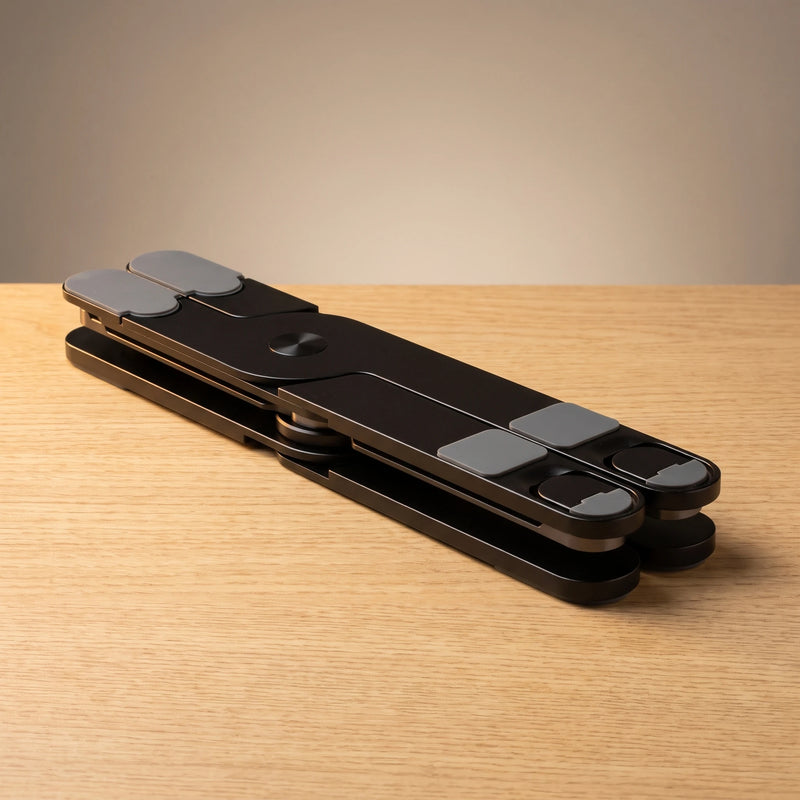 The folding laptop stand folded flat into a slim aluminum travel bar