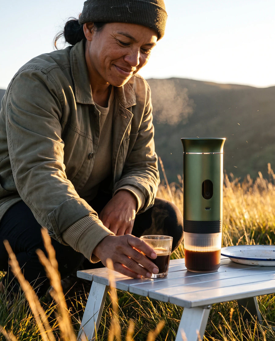 The portable espresso maker — First light at camp