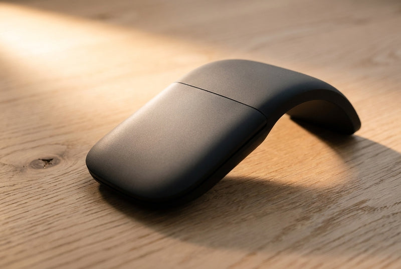 The folding mouse arched into its working position on a warm oak surface, low morning light drawing the single fold seam across its shell