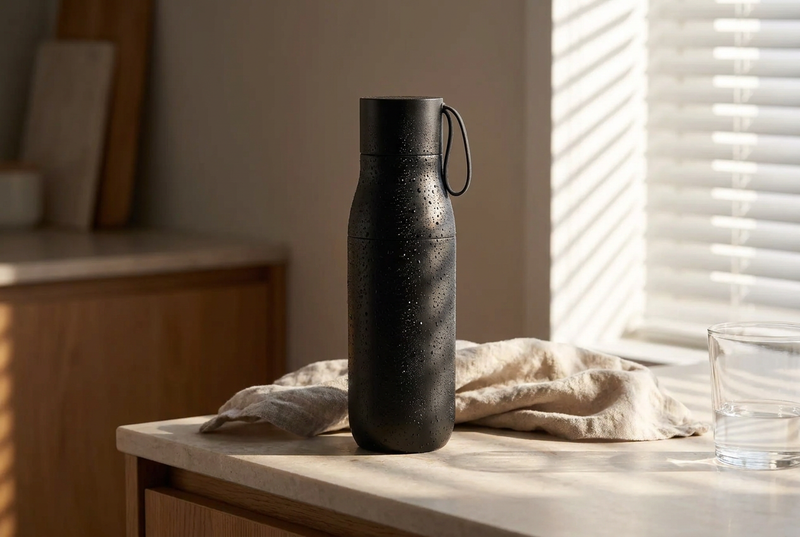 The smart water bottle beaded with condensation on a stone counter, morning light through venetian blinds, linen cloth and a glass of water beside it