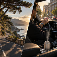 A coast road through pines beside a city drive, the Car Diffuser misting in the cup holder