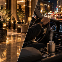 A hotel lobby at dusk beside a night drive, the Car Diffuser misting in the cup holder
