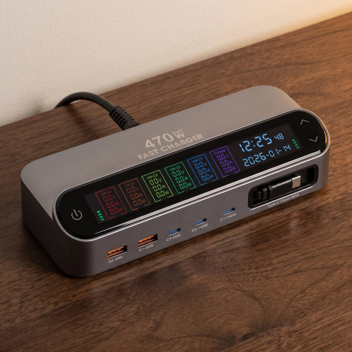 The desk charging station in Brushed Aluminium, display lit