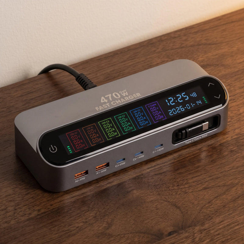 The desk charging station in Brushed Aluminium, display lit