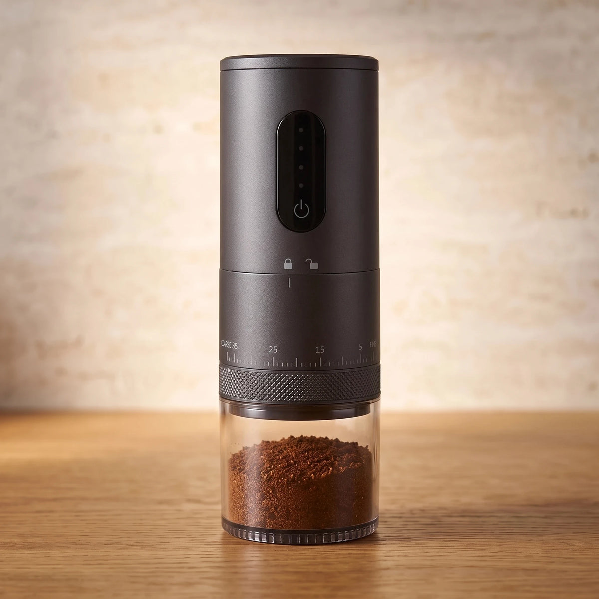 The cordless coffee grinder in Graphite
