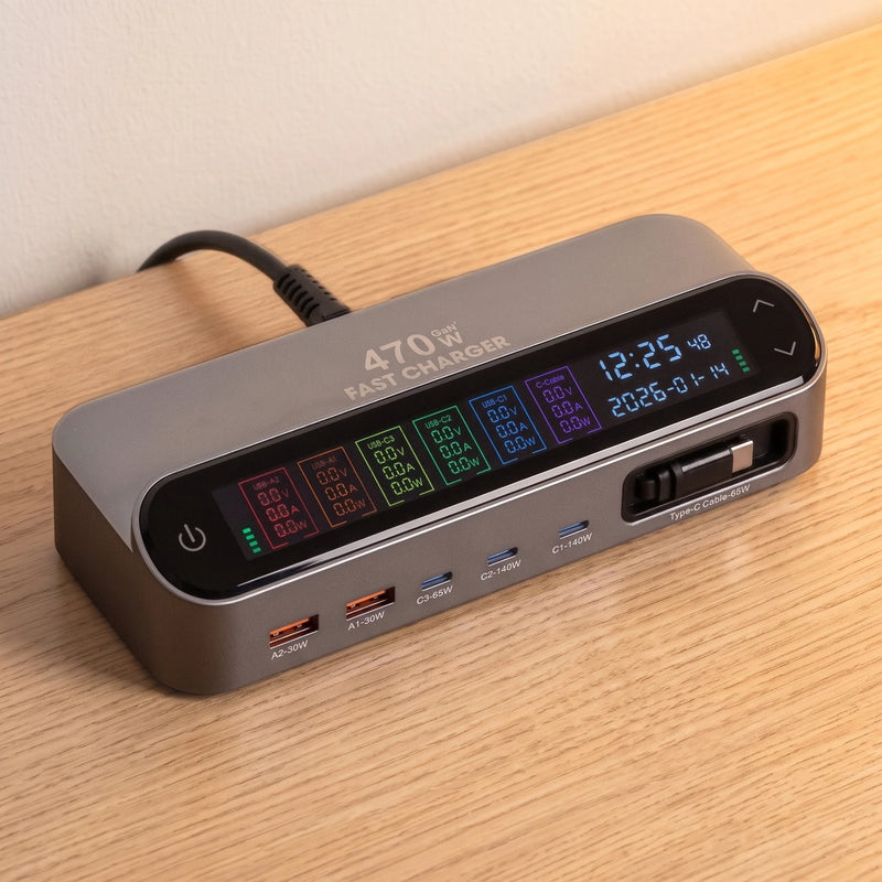 The desk charging station in Brushed Aluminium, display lit