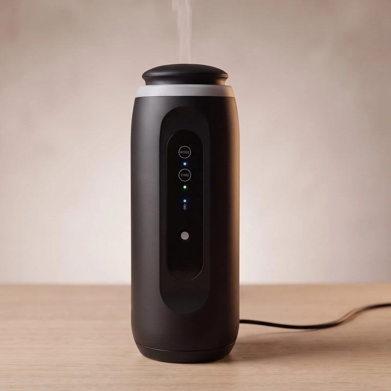 Waterless diffuser in Ink Black releasing a thin wisp of oil mist, its cable running off to the right