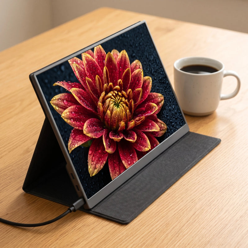 The portable monitor open on its folding case stand, a vivid photograph filling the screen, one USB-C cable connected