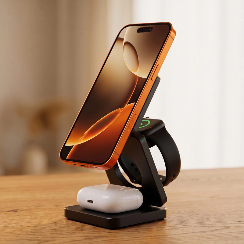 The charging stand, Matte Black, open with phone, watch and earbuds charging