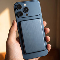 The midnight blue finish on the back of a matching midnight blue phone