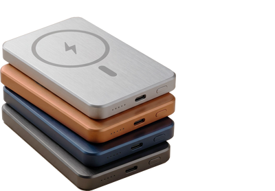 The magnetic power bank in four finishes, stacked