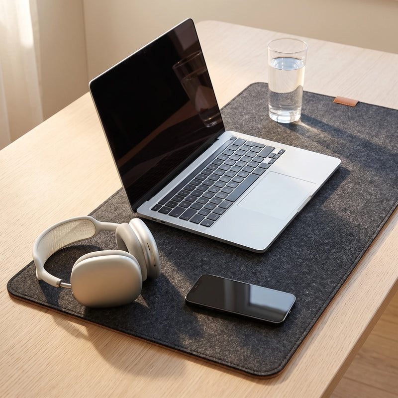 The felt desk mat on a charcoal desk