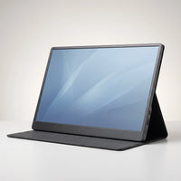 The portable monitor seen from the front, screen lit