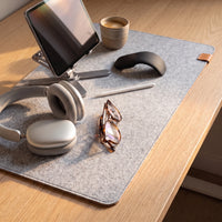 The felt desk mat in use, with a tablet on a folding stand