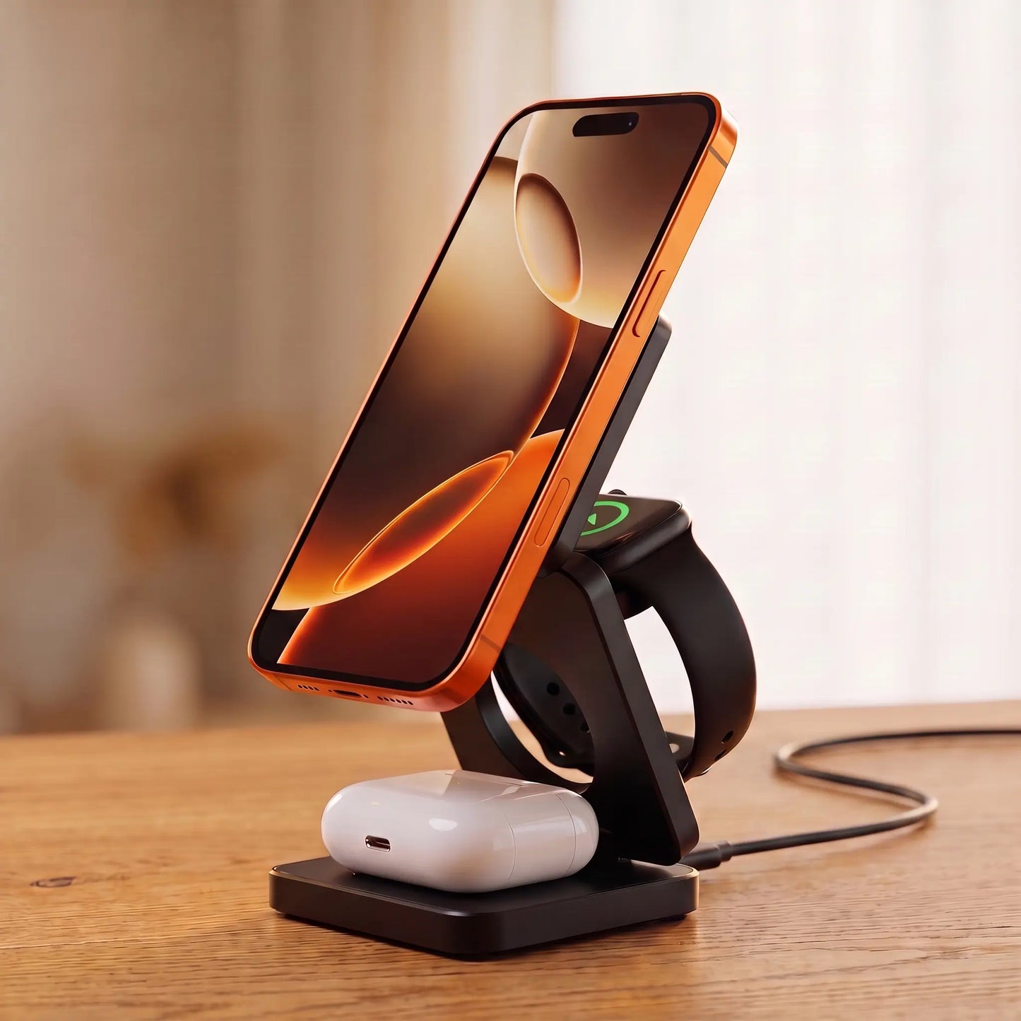 Close detail of The Fold's phone and watch charging, cable plugged into the back of the base