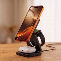 Close detail of the stand's phone and watch charging, cable plugged into the back of the base