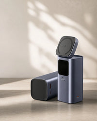 The magnetic power bank standing and on its side — body ports and stand