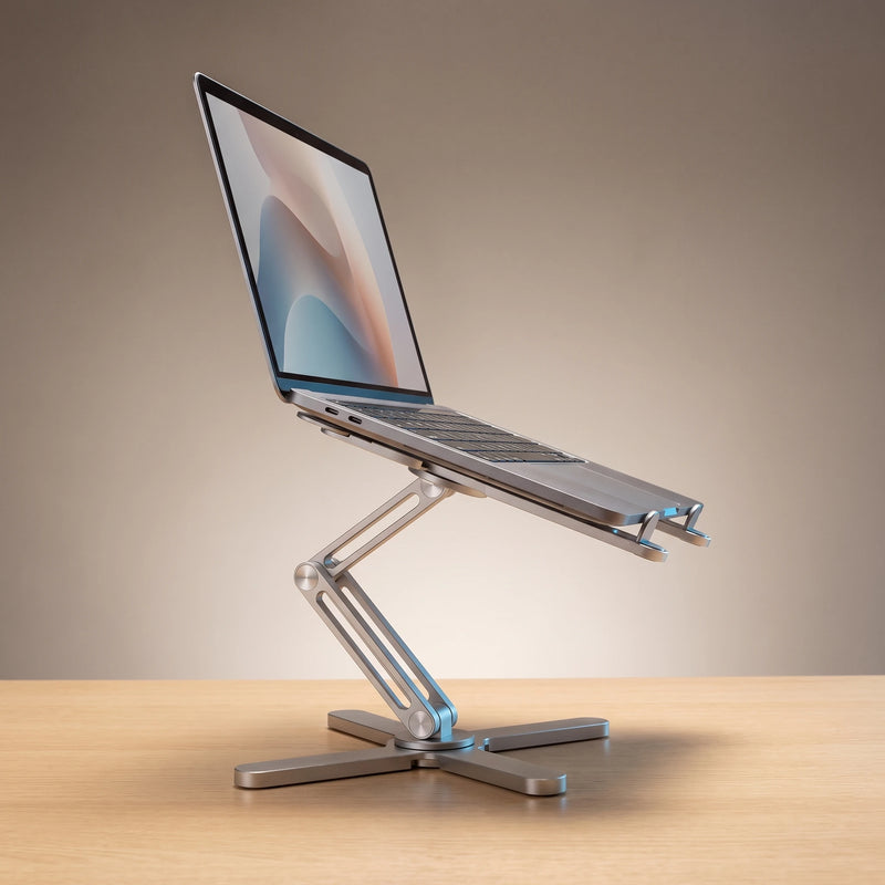 The folding laptop stand in Brushed Silver, holding a laptop at eye level
